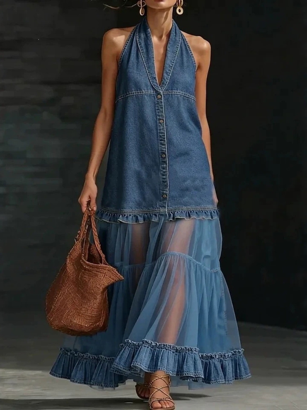 Denim Halter Maxi Dress with Sheer Tulle Skirt - Dark Blue